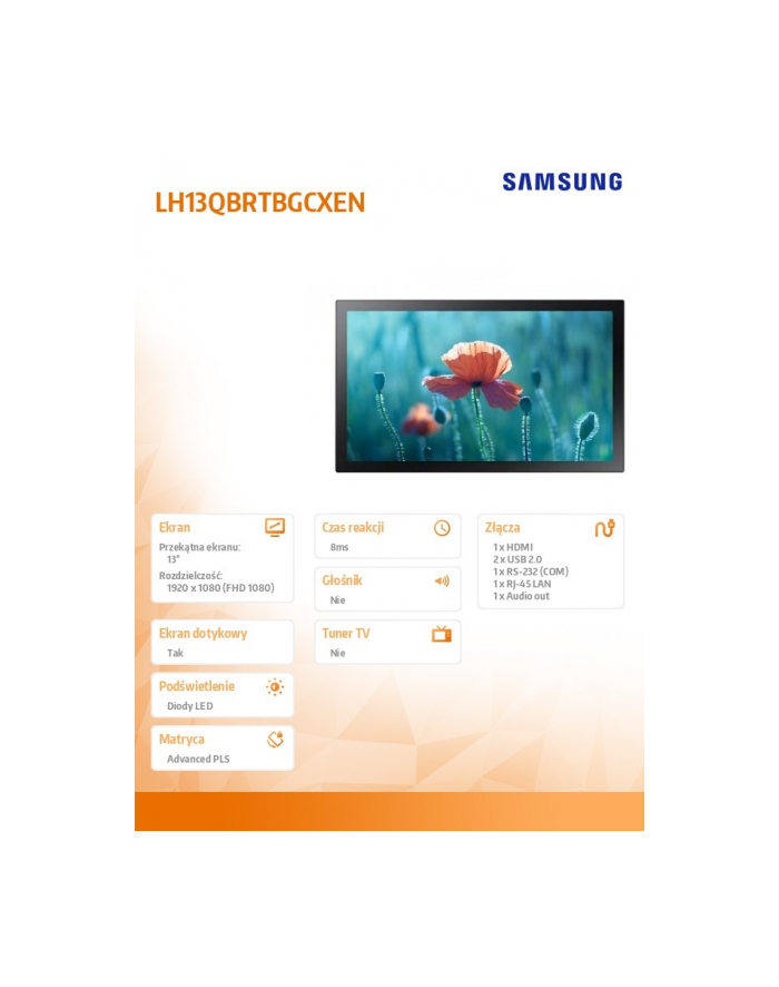 samsung Monitor profesjonalny QB13R-T 13 cali Matowy, Dotykowy 16h/7 250(cd/m2) 1920x1080 (FHD) S6 Player Wi-Fi 3 lata OnSite (LH13QBRTMGCXEN) główny