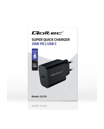 qoltec Ładowarka Super Quick PD | USB-C | 20W | 5-12V | 1.67-3A | Czarna