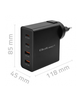 qoltec Ładowarka GaN Power Pro | 2xUSB-C | 2xUSB | 130W | 5-20V | 1.5-5A| PD | Czarna