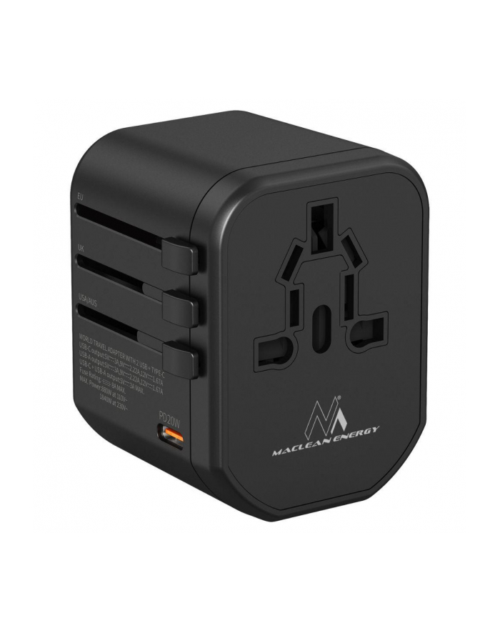 Adapter podróżny Maclean MCE238N zasilacz USB, 2xUSB 2,4A + USB-C PD 20W, Bezpiecznik 8A, Quick and Fast Charge, 200 krajów świata główny