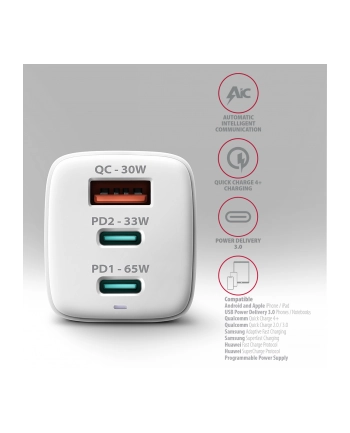 axagon ACU-DPQ65W Ładowarka sieciowa GaN 65W, 3x port (USB-A + dual USB-C) PD3.0/QC4+/PPS/Apple, biała