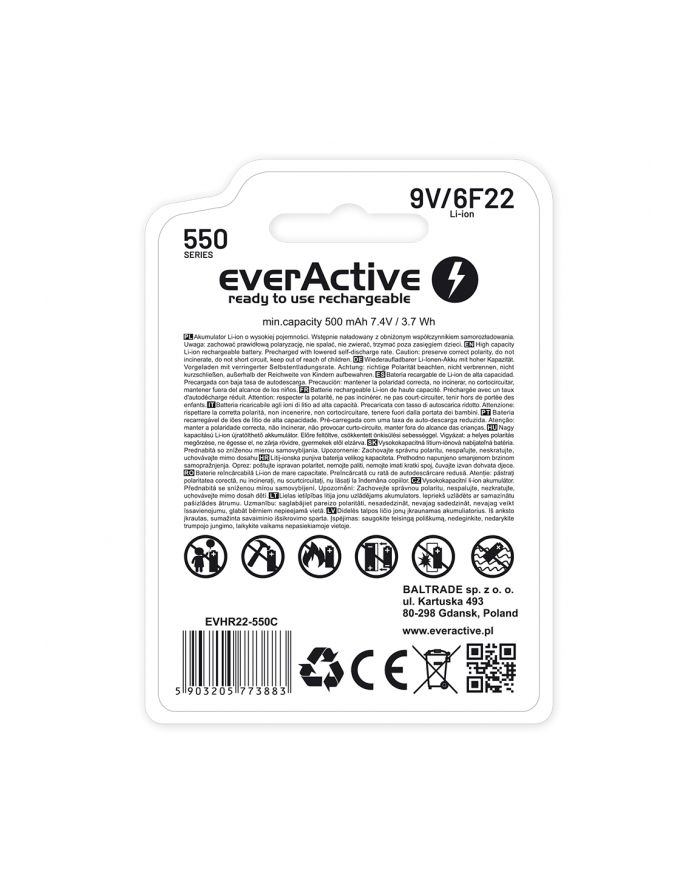 everactive Akumulator 6F22/9V Li-ion 550 mAh USB-C główny