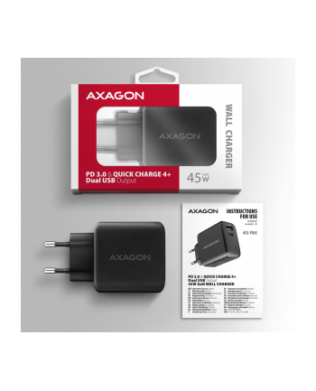 axagon ACU-PQ45 Ładowarka sieciowa 2-port  QC3.0,4.0/AFC/FCP/PPS/Apple  + PD type-C, 45W, Czarna