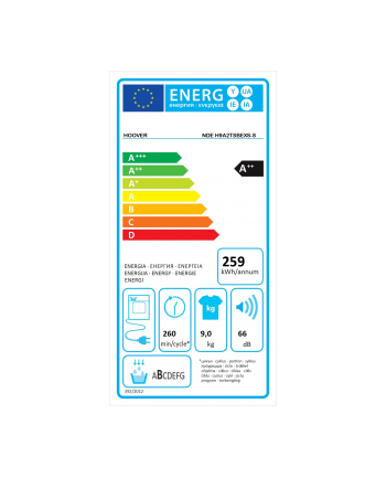 no name Suszarka Hoover ND-E H9A2TSBEXS-S Klasa efektywności energetycznej A++ Ładowanie od przodu 9 kg Głębokość 58,5 cm Wi-Fi Biały