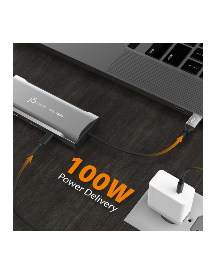 j5 create Stacja dokująca j5create 4K60 Elite USB-C Triple-Monitor 10Gbps Mini Dock 2x4K HDMI/1xDisplay Port/2xUSB 31/2xUSB-C/Card Reader/1xRJ45 Gigabit; kolor srebrny JCD397-N główny