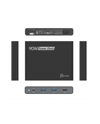 j5 create Stacja dokująca z zasilaczem j5create 90W Built in USB-C Travel Dock - (wersja europejska) 1xHDMI/2XUSB30/1xUSB-C czarna JCDP392-EN