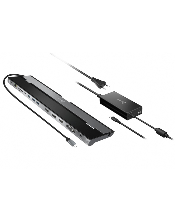 j5 create Stacja dokująca z zasilaczem j5create USB-C Triple Display Docking Station 100W 2xHDMI/1xDisplay Port/1xVGA/3xUSB30/2xUSB-C/Card Reader/RJ45 Gigabit/35mm combo audio jack czarna JCD543P-EN główny