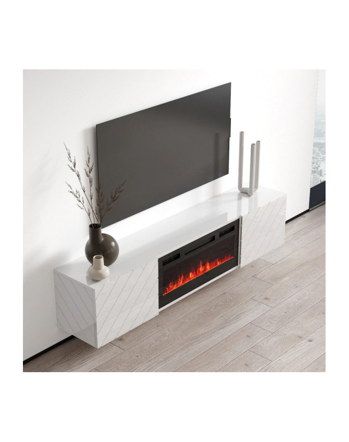 cama meble Szafka RTV LUXE 182,6x34,5x37,5 biały/biały połysk + czarny kominek główny