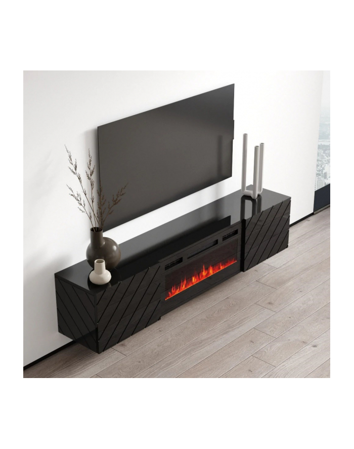 cama meble Szafka RTV LUXE 182,6x34,5x37,5 czarny/czarny połysk + czarny kominek główny