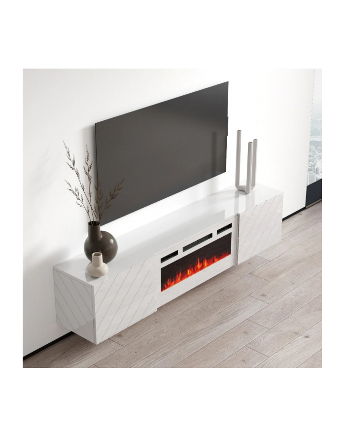 cama meble Szafka RTV LUXE 182,6x34,5x37,5 biały/biały połysk + biały kominek główny