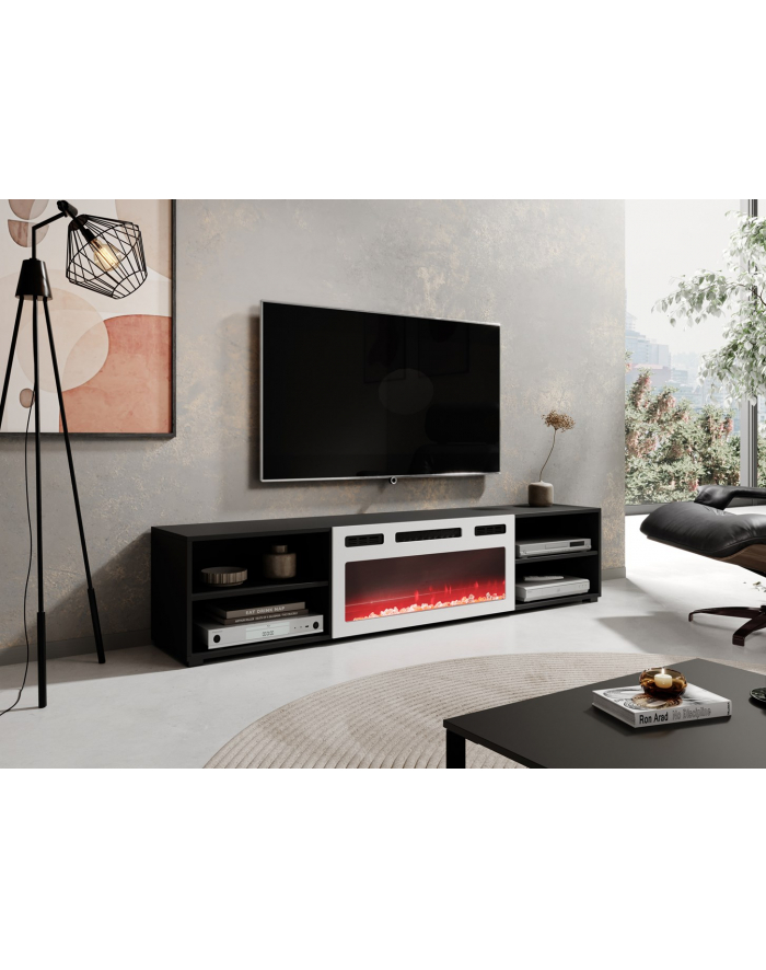 cama meble Szafka RTV POLO 180x33x39 czarny + kominek biały główny