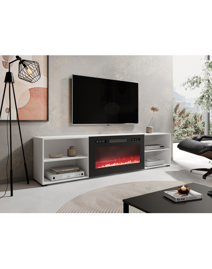 cama meble Szafka RTV POLO 200x33x50,5 biały + kominek czarny główny