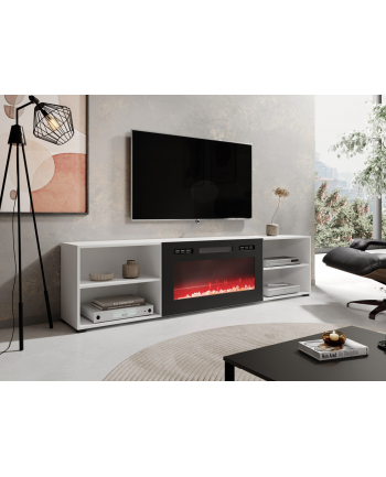 cama meble Szafka RTV POLO 200x33x50,5 biały + kominek czarny