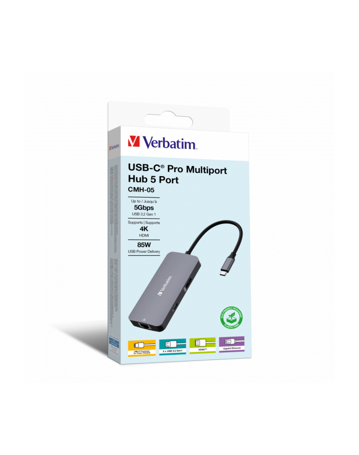 Hub USB Verbatim Multi Port CMH-05: 1x USB-C PD, 2xUSB-A 3.0, 1xHDMI, RJ-45 główny