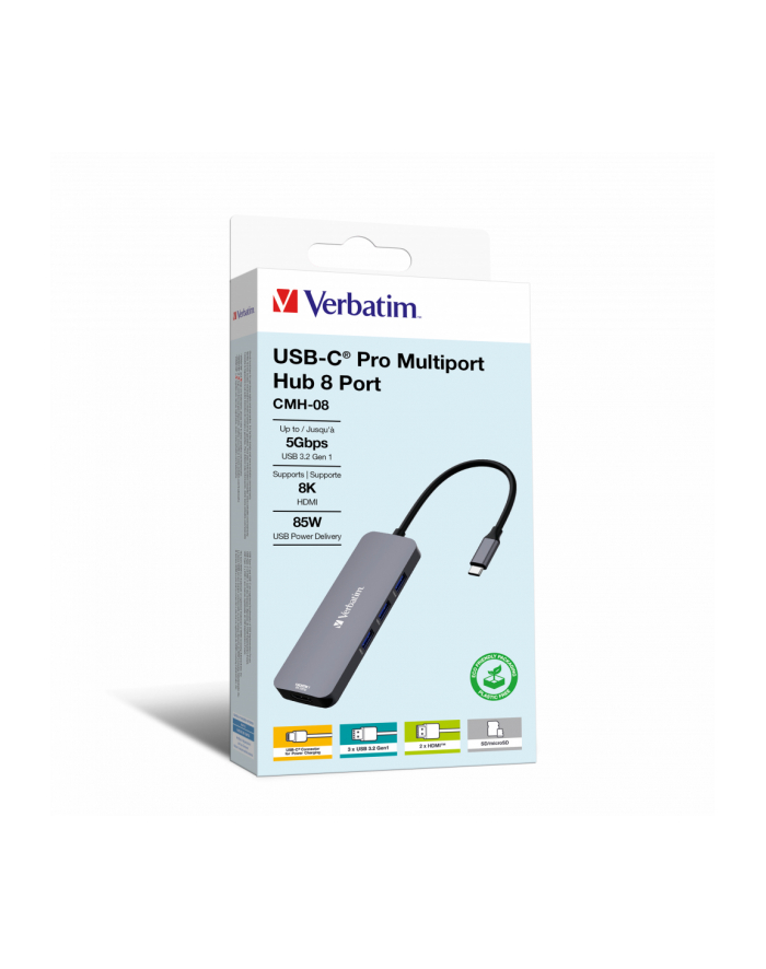 Hub USB Verbatim Multi Port CMH-08: 1x USB-C PD, 3xUSB-A 3.0, 2xHDMI, SD/microSD główny