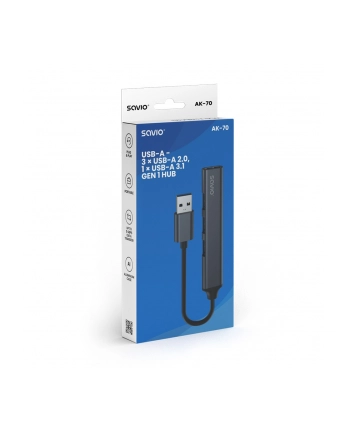 savio Hub 4 porty USB-A - 3 x USB-A 2.0, 1 x USB-A 3.0, 5 Gbps, Aluminium, AK-70