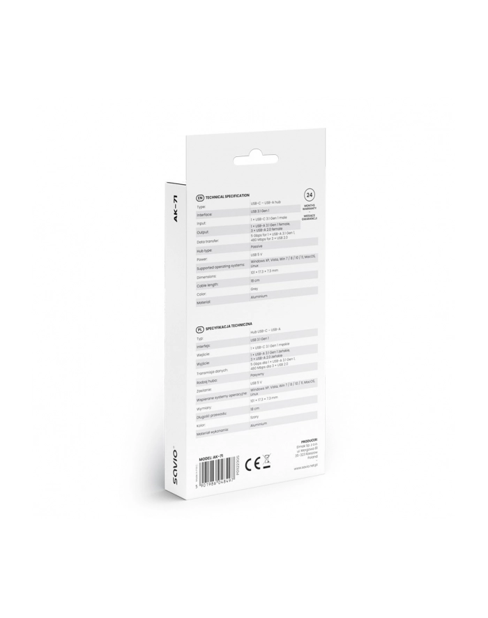 savio Hub 4 porty USB-C - 3 x USB-A 2.0, 1 x USB-A 3.1 3.1 GEN 1, 5 Gbps, AK-71 główny