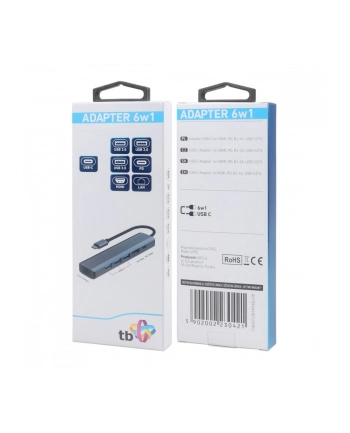 tb Adapter HUB USB C 6w1 - HDMI, USBx3, PD, RJ-45