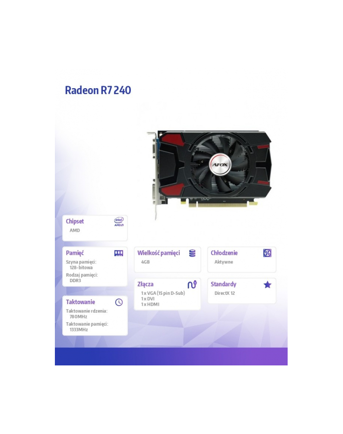 afox Karta graficzna - Radeon R7 240 4GB DDR3 128Bit DVI HDMI VGA ATX Single Fan główny