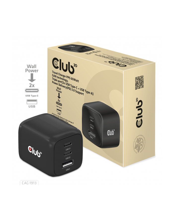 Club 3D Cac 1913 Power Adapter Gan Technology Triple Port Usb Type A 2 X C 65 Watt główny