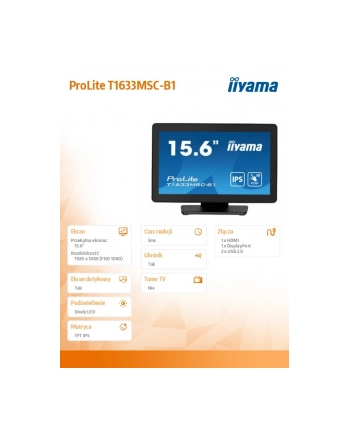 iiyama Monitor 15.6 cala ProLite T1633MSC-B1 poj.10pkt,IP54,IPS,USB nr 1