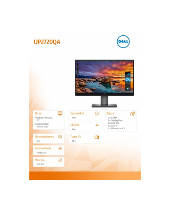 dell Monitor UP2720QA 27 cali IPS UHD/HDMI/DP/Thunderbolt 3/3Y PPG