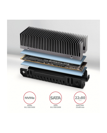 axagon CLR-M2XT Chłodnica aluminiowa pasywna do dysku M.2 SSD, ALU korpus, silikonowe podkładki termiczne, wysokość 24mm