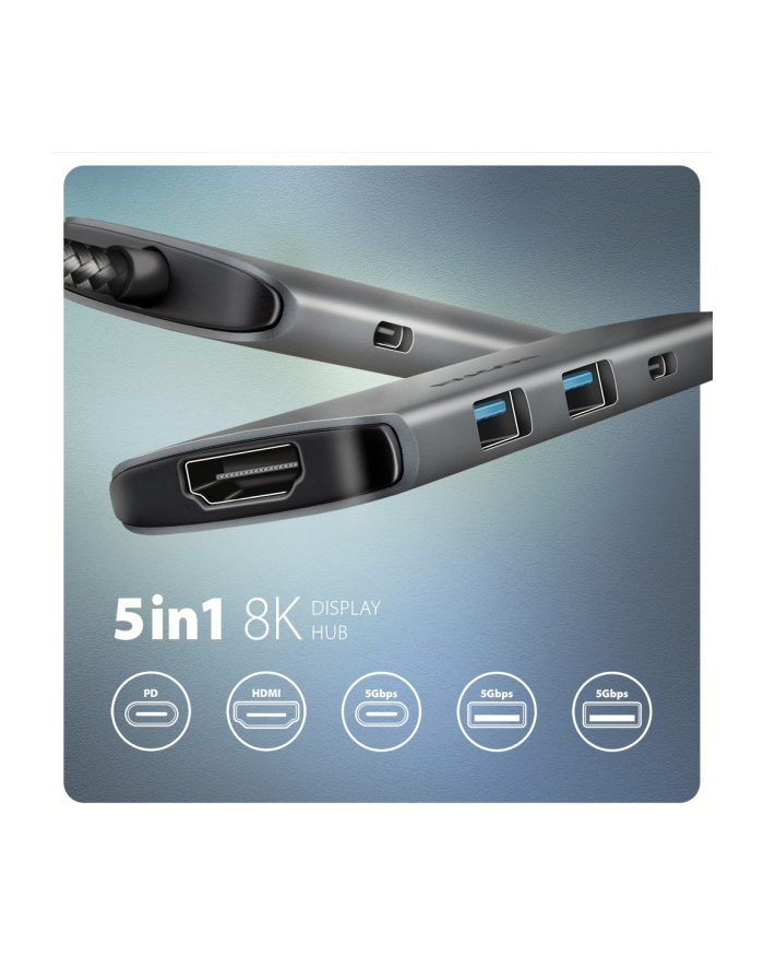 axagon HMC-5H Wieloportowy hub USB-C 3.2 Gen 1, 3x USB-A, 4K HDMI, PD 100W, 100cm USB-C kabel główny
