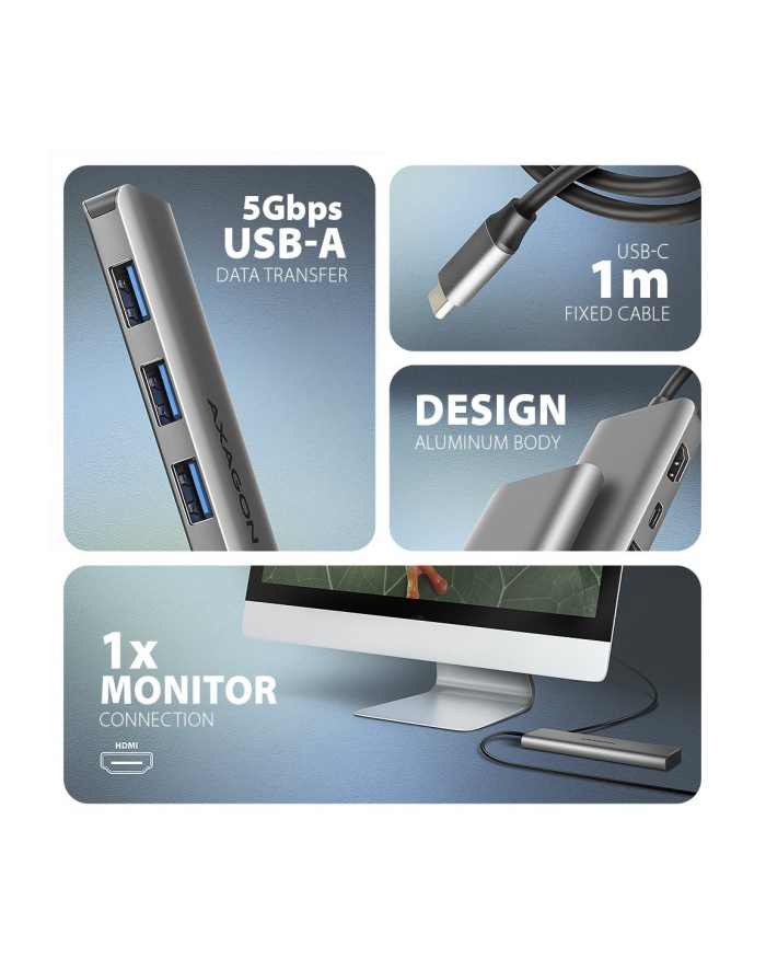 axagon HMC-5H Wieloportowy hub USB-C 3.2 Gen 1, 3x USB-A, 4K HDMI, PD 100W, 100cm USB-C kabel główny