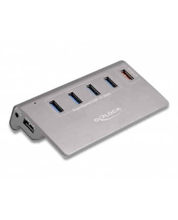 DeLOCK USB 10 Gbps hub with 4 USB Type-A ports + 1 quick charging port, USB hub (grey, incl. power supply)