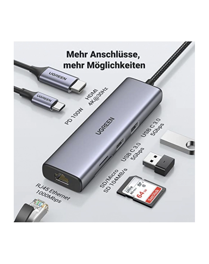 Ugreen Adapter Hub Ugreen Usb_C Do 2X Usb 3.0 Hdmi Rj45 Sd/Tf 90568 główny