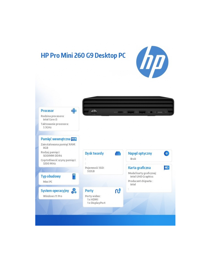 hp inc. Komputer tacjonarny Pro Mini 260 G9 i3-1315U 512/8G/W11P 936J2EA główny