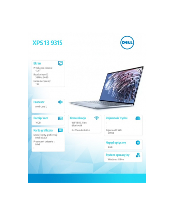 dell Notebook XPS 13 9315/Core i7-1250U/16GB/512GB SSD/13.4 UHD Touch/Intel Iris Xe/WLAN + BT/Backlit Kb/3 Cell/W11Pro/3Y Basic Onsite
