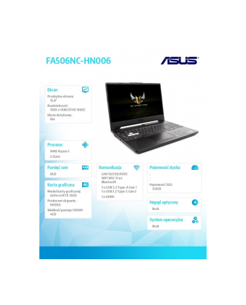 Notebook Asus TUF Gaming A15 FA506NC-HN006 15,6''FHD/Ryzen 5 7535HS/8GB/SSD512GB/RTX3050-4GB Czarny