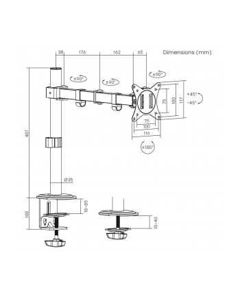 MACLEAN UCHWYT BIURKOWY DO MONITORA LCD 17-32'';, 9KG, VESA 75X75 ORAZ 100X100 PODWÓJNE RAMIĘ MC-753N