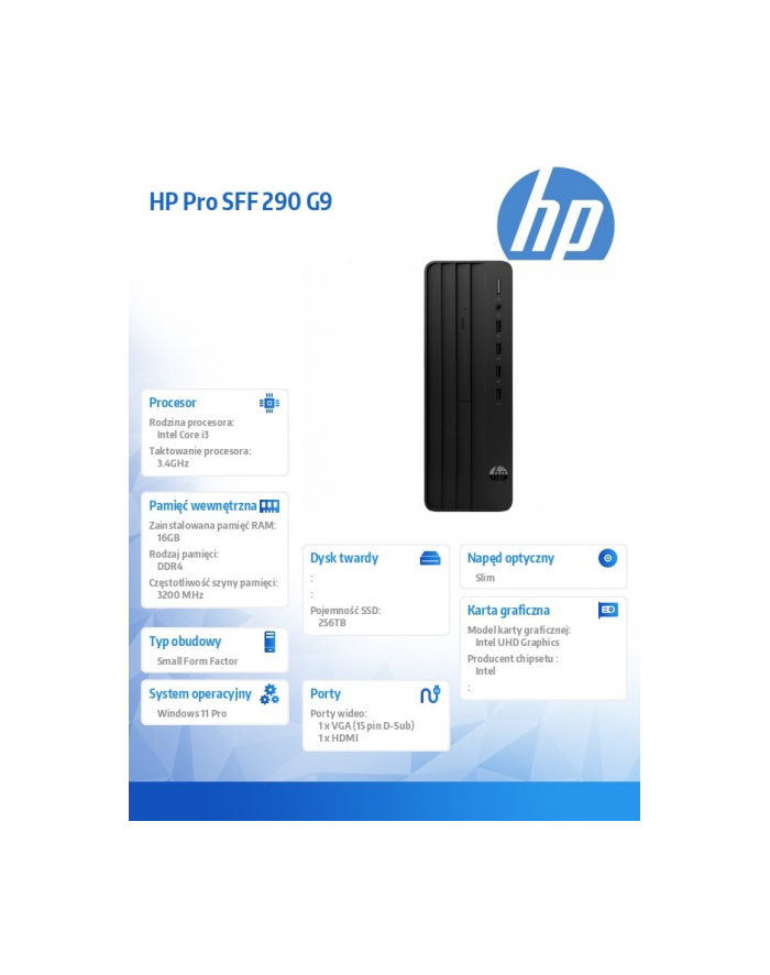 hp inc. Komputer stacjonarny Pro SFF 290 G9 i3-13100 256GB/16GB/DVDR/W11P 935Z9EA główny