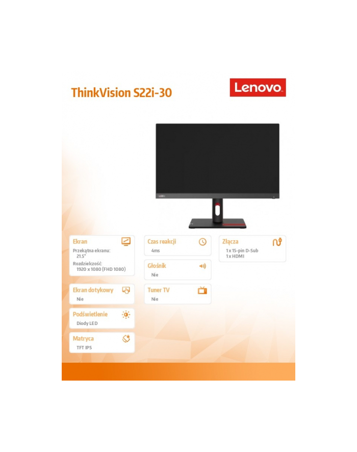 lenovo Monitor 21.5 cala ThinkVision S22i-30 WLED LCD 63FCKATB(wersja europejska) główny