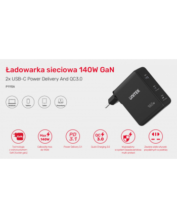 unitek Ładowarka Sieciowa GAN 3 Porty 2x USB-C 1x USB-A 140W, P1115A