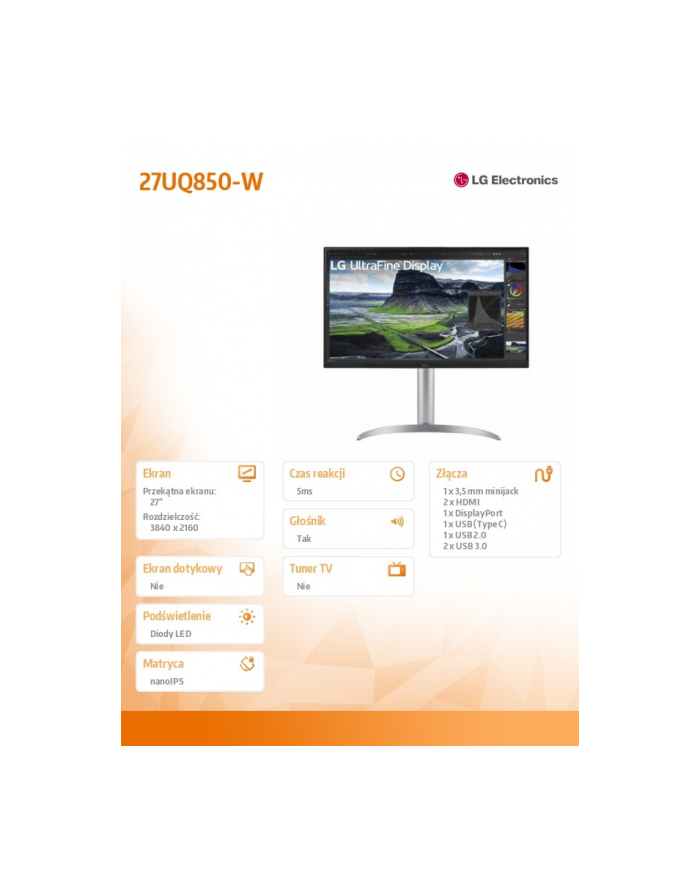 lg electronics Monitor 27UQ850-W 27 cali UHD 4K Nano IPS główny