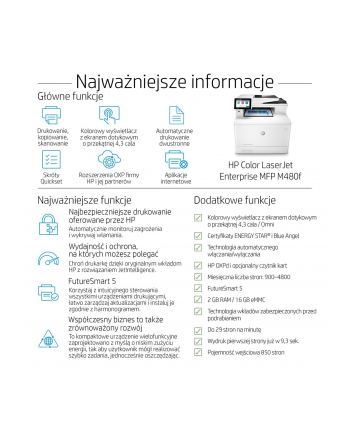 no name HP Color LaserJet Enterprise Urządzenie wielofunkcyjne M480f, W kolorze, Drukarka do Firma, Drukowanie, kopiowanie, skanowanie, faksowanie, Niewielkie wymiary;