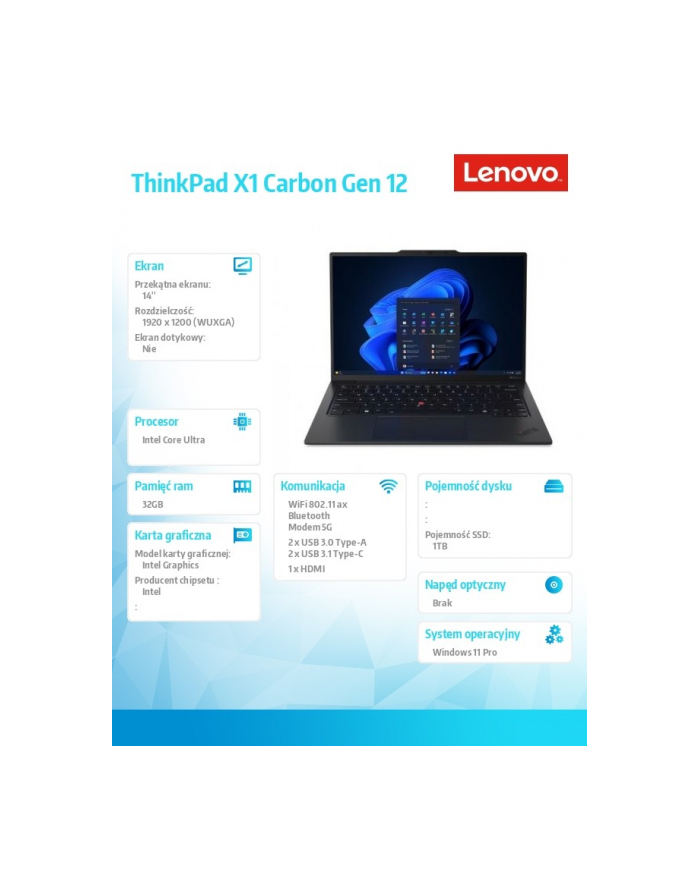 lenovo Ultrabook ThinkPad X1 Carbon G12 21KC0067PB W11Pro Ultra 7 155U/32GB/1TB/INT/LTE/14.0 WUXGA/Black/vPro/3YRS Premier Support + CO2 Offset główny