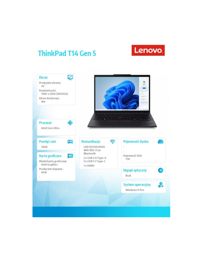 lenovo Ultrabook ThinkPad T14 G5 21ML003QPB W11Pro Ultra 7 155U/32GB/1TB/INT/14.0 WUXGA/Black/3YRS Premier Support + CO2 Offset główny