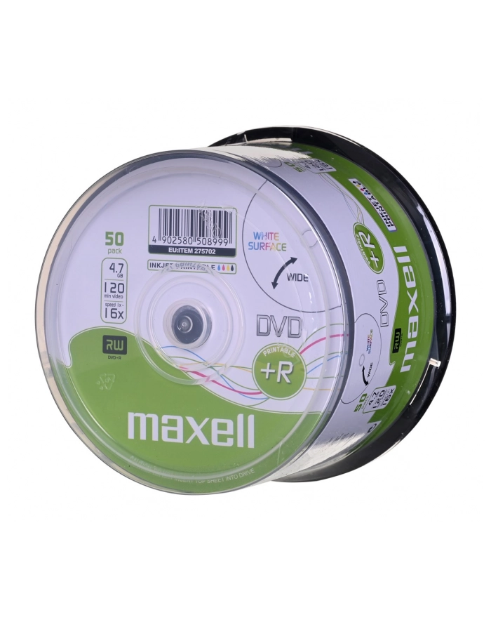 MAXELL DVD+R 4,7GB, 50 szt  w opakowaniu cake (szpindel) Prędkość zapisu 16X, 120 min  Płyty do nadruku atramentowego Przeznaczenie Multimedia główny