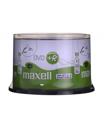 MAXELL DVD+R 4,7GB, 50 szt  w opakowaniu cake (szpindel) Prędkość zapisu 16X, 120 min  Płyty do nadruku atramentowego Przeznaczenie Multimedia