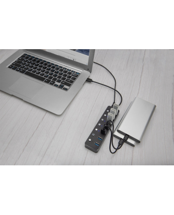 digitus Hub USB 30/Koncentrator 7-portowy USB A + adapterUSB-C 5Gbps z wyłącznikami aluminiowy aktywny