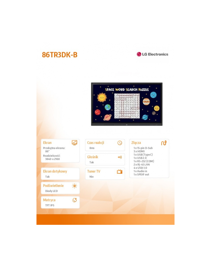 lg electronics Monitor interaktywny 86 cali 86TR3DK-B 440cd/m2 główny