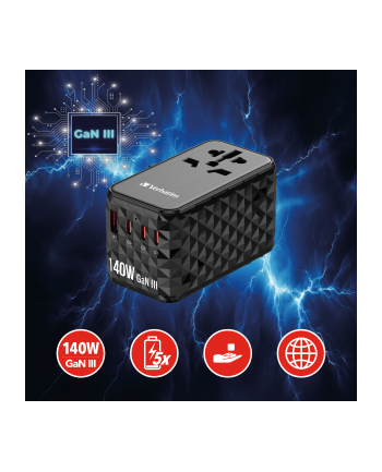 Adapter podróżny Verbatim UTA-10 GaN III globalny-globalny USB-A 3xUSB-C PD QC 4+