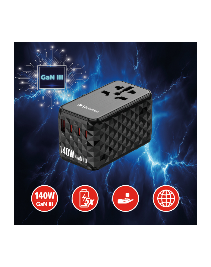 Adapter podróżny Verbatim UTA-10 GaN III globalny-globalny USB-A 3xUSB-C PD QC 4+ główny