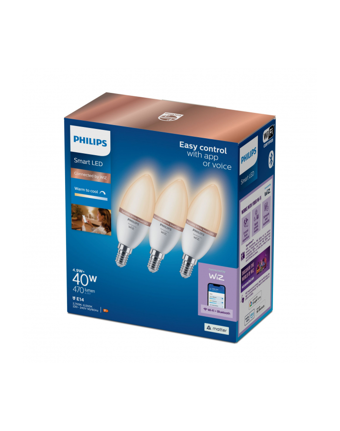 Philips Smart LED Żarówka E14 C37 4,9 W (40 W), zimna - ciepła biel, 3 szt. (929002448736) główny