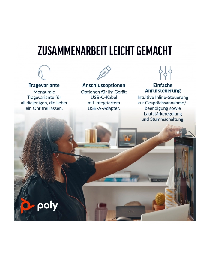 hp inc. HP Poly Blackwire 3210 Monaural USB-C Black Headset +USB-C/A Adapter Bulk główny
